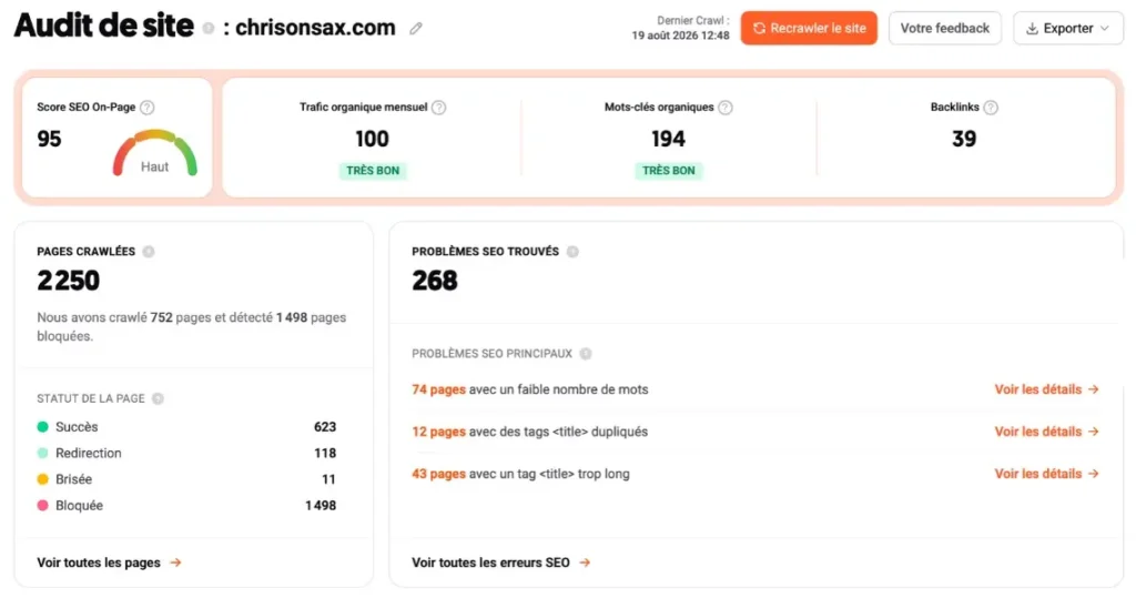 Exemple de rapport d'audit SEO avec score 91/100 — problèmes détectés et pages crawlées sur chris-seo.fr