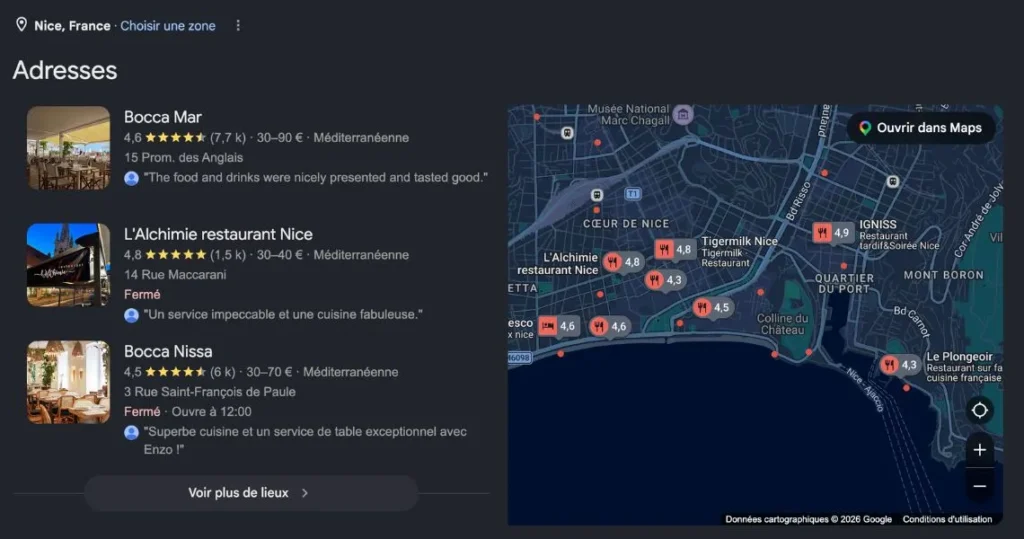 Pack local Google Maps pour restaurants à Nice — résultats avec notes, avis clients et carte de localisation